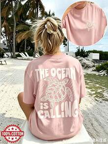 Double-Sided Print Women's Vintage Loose Tee, Turtle & Waves Graphic "The Ocean Is Calling" Text, Drop Shoulder Oversized 100% Cotton Best Seller - 粉色 - 查看 7