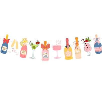 Banner trang trí chai sâm panh và các chai đồ uống khác cùng ly thủy tinh, trang trí tiệc sinh nhật lần thứ 21 cho nữ, cờ trang trí bối cảnh tiệc sinh nhật với vòng hoa cúc, trang trí tiệc sinh nhật