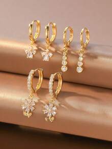 6pcs/Set Fresh Copper Inlaid Full Cubic Zirconia Flower Round Diamond Pendant Hoop Earrings Set Suitable For Women's Daily Commute And Date Wear - Flowers - View 3