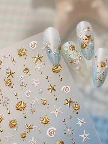 1片 5D 浮雕海洋美甲貼紙，金色貝殼與海星自黏式美甲貼花，夏季海灘風 DIY 美甲裝飾，適用於居家美甲、美甲沙龍美甲藝術與穿戴甲配件 - 彩色 - 查看 4