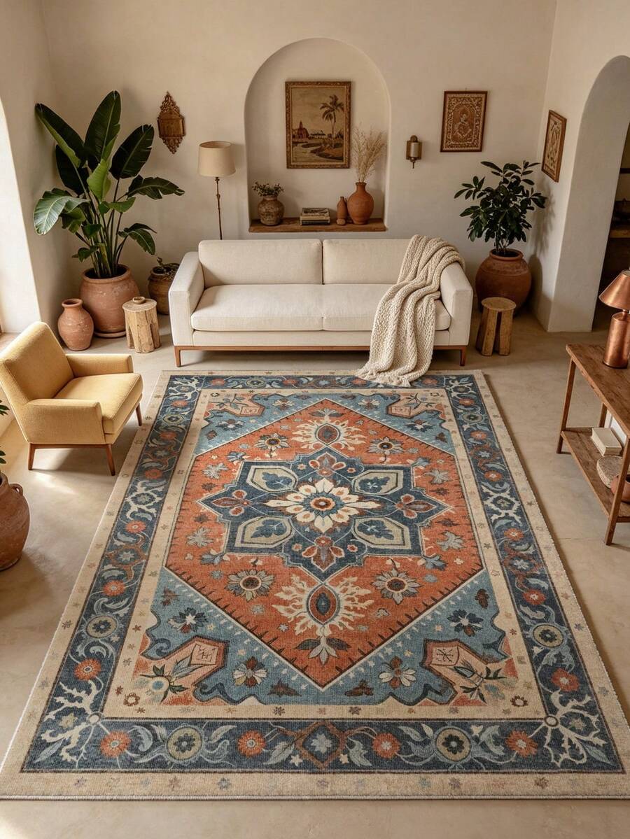 1 Stück blauer Teppich im böhmischen Stil für Wohnzimmer, geeignet für Küche, Esszimmer, Schlafzimmer, Feiertagsdekoration, Innen-/Außenbereich, Büro, rutschfeste Fußmatte, Badezimmerteppich, Flur, Arbeitszimmer, Gaming-Bereich - marineblau - Übersicht 1