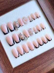 12pcs French Black & White Polka Dot Gradient Medium Length Press-On Nails, Reusable - 黑與白 - 查看 6