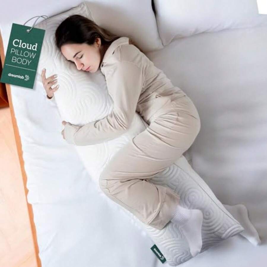Dreamlab Almohada Pillow Almohada Corporal, Funda de Bambú, Altura Ajustable, Memory Foam y Microfibras Dormir de Lado o Embarazo Hipoalergénica, Certificaciones Tamaño Body 45cm x 135cm - Blanco - Ver 1
