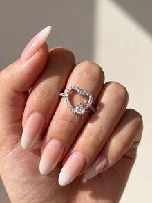 1pc Fashion 925 Sterling Silver Rhinestone Heart Ring, Embedded With Diamonds, Suitable For Daily Wear And Party Occasions, High-Quality Jewelry Gift - Style 1 - View 5