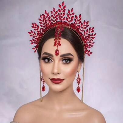 1pc Red Glamorous Women's Crown Bridal Wedding Headband With Rhinestone Chain And Tassel Decor, Shiny Hair Accessory For Wedding, Party, Celebration, Ball