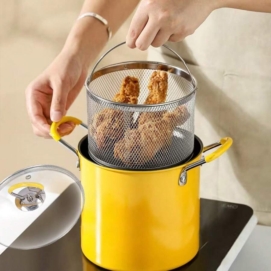 3L Cute Yellow Deep Frying Pot Set With Stainless Steel Fry Basket & Glass Lid, Non-Stick Small Multi-Functional Cookware With Heat Resistant Handles, Mini Deep Fryer Pot For Fried Chicken French Fries Noodles Soup Home Kitchen Use - A - View 1