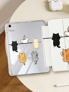 卡通貓攀爬平板保護殼，相容 iPad Mini6/7/Air/Air2/9.7/10.2/10.5/10.9 (Air4-Air8)/Pro 11/10th Gen/A16/Pro 11 2024 機型，雙面彩繪圖案平板殼，透明壓克力背殼，三折支架，自動休眠/喚醒，內建筆槽，產品不含筆，部分機型含相機框 - 彩色 - 查看 3