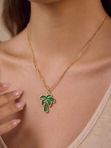 1pc Green Enamel Palm Tree Pendant Necklace, Women's Coconut Tree Stainless Steel Necklace, Tropical Bohemian Style Summer Beach Vacation Jewelry - Palm Trees - View 3