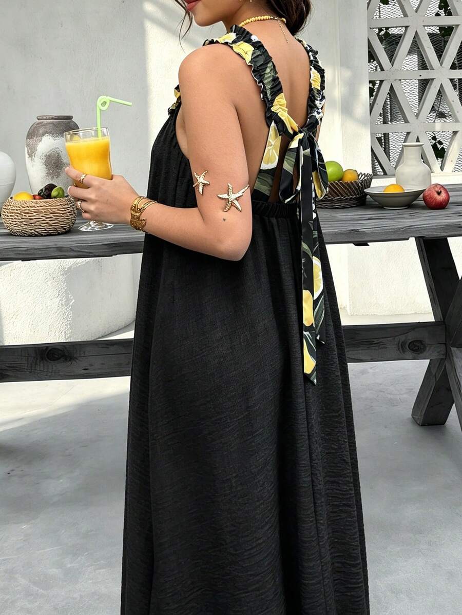 Plus Size Women's Spring/Summer Lemon Print Contrast Color Shoulder Strap Backless Casual Vacation Dress - Black - View 1