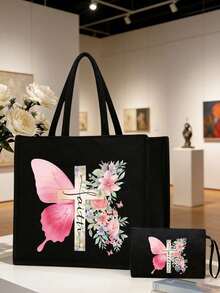 Bolsa de mano con tema cristiano y bolsa pequeña con cruz, mariposa rosa y patrón de letras florales coloridas, regalo ideal para seres queridos y maestros. Bolsa de mano de lino de gran capacidad para mujer con diseño innovador, espaciosa, portátil y casual, perfecta para ir de compras. Bolsa de mano portátil multifuncional para maestras, excelente opción de regalo para mujeres. Regalo del Día del Maestro, Día del Padre, regalo de cumpleaños, regalo de vuelta a la escuela, - Multicolor - Ver 6