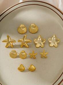 6 Pairs CCB Gold Ocean Style Earrings Set, Including Flower, Starfish, Shell Designs, Lightweight Stackable Jewelry, Suitable For Women's Beach Outfits, Daily Wear, Parties And Holiday Gifts - Gold - View 2