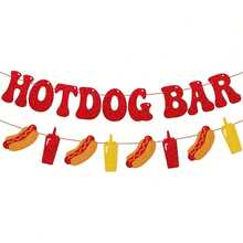 Glitter Hotdog Bar Banner, Red Sparkle Letters With Mustard & Ketchup Bottle Cutouts – Fun Food-Themed Party Decoration For Birthdays - Style 1 - View 2