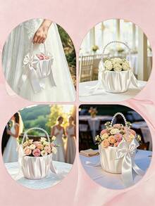 1/2/3pcs Wedding Flower Girl Basket, Cute Pearl Handle Bow Satin Flower Basket For Wedding Ceremony - Ivory - Regular Model - View 3