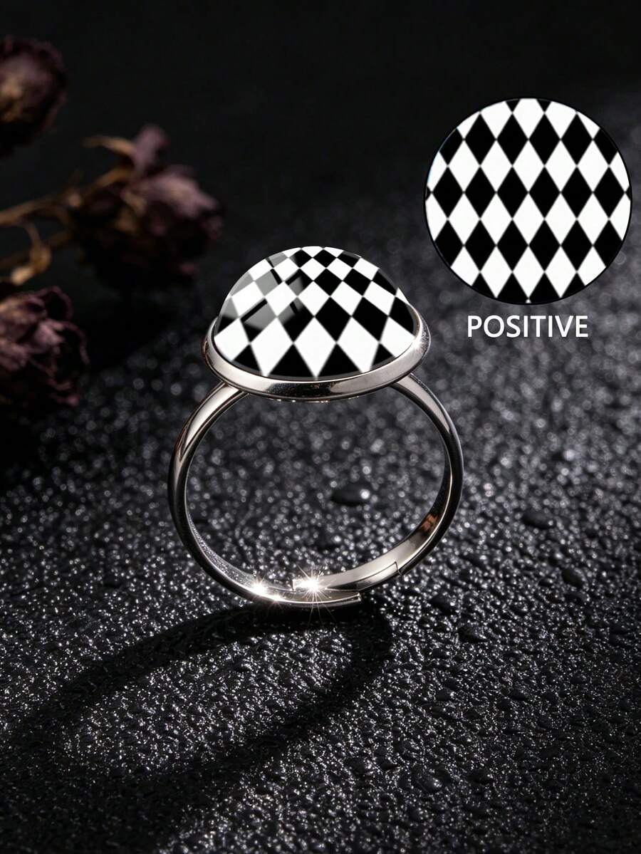 YUJUGLOW 1PC Cartoon Minimalist Black & White Rhombus Pattern 316 Stainless Steel Open Ring For Women Daily Wear - Black and White - View 1