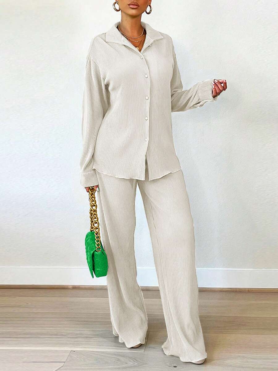 2 piezas Conjunto de camisa plisada con estampado casual y pantalones de pierna ancha, primavera blanco elegante para mujer - Blanco - Ver 1