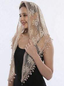 1件女款刺繡提花蕾絲流蘇三角圍巾，復古簡約百搭披肩圍巾，適合日常穿著，也適合所有場合 - 卡其色 - 查看 2