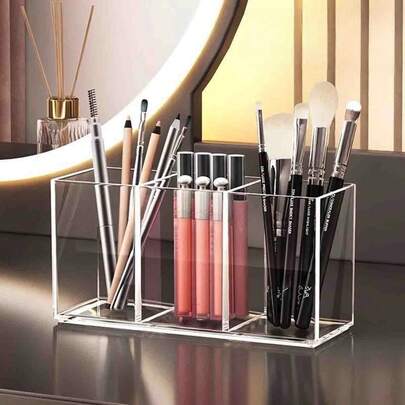 Thickened Crystal Clear Acrylic Storage Organizer Box, 3-Compartment Divided Storage Rack, Minimalist Open Storage Basket, Suitable For Makeup Brushes, Lip Gloss, Tableware, Stationery, Can Be Placed On Vanity, Kitchen, Bathroom And Office Desk