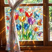 1pc Color Stained Glass Tulip Floral Window Stickers Iridescent Laser Holographic Butterfly Pattern Prism Light Refraction Self Adhesive PVC Decals For Household Bedroom Living Room Window Soft Natural Floral Scene Home Decor - Multicolor - View 3