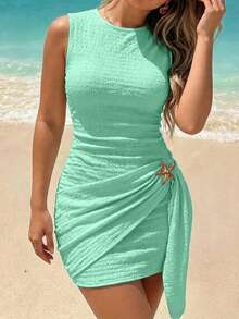 Spring/Summer Women's Sleeveless Ruched Tie Strap Metal Buckle Fitted Textured Fabric Short Dress, Beach Holiday Outfit Elegant - Mint Green - View 2