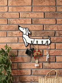 White Dachshund Wall Hook Storage Rack, Wooden Key Holder With 4 Hooks, Suitable For Bedroom And Office Decor, Modern Style Metal Clip, Housewarming Gift - Multicolor - View 1