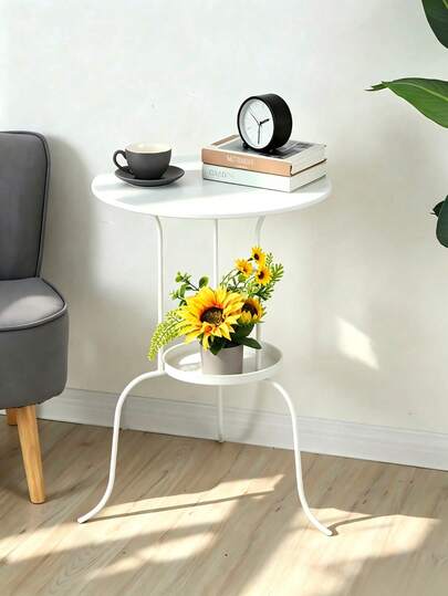 1 Piece Wrought Iron Round Side Table, Metal Frame With Stable Load-Bearing, Smooth Tabletop, Lightweight And Space-Saving, Suitable For Outdoor Patio, Beside Sofa, Bedroom Bedside, For Placing Green Plants, Books And Small Decorative Items
