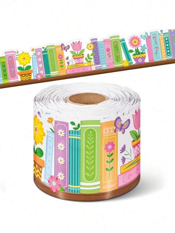 [Book & Flower Border] Vintage Painted Book & Flower Blackboard Border, Detachable Adhesive Wall Decoration, Soft Tone Bulletin Board Border, Painted Book & Flower Border, Book & Flower Bulletin Board Decorative Roll, Suitable For Blackboard, Bulletin Board, School, Home, Office Colorful Decorative Cutout Border