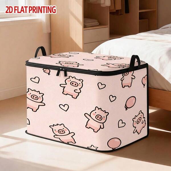 1 pieza Caja de almacenamiento plegable con cremallera grande, caja de almacenamiento con patrón simple de cerdo, elemento de estilo de alta gama con estampado, solución perfecta para viajes, ropa de cama y organización del armario, decoración de dormitorio, regreso a la escuela
