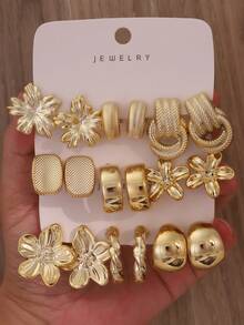6-18PCS Gold Fashionable Elegant Earring Set, 3D Flower Glossy C-Shaped Design, Suitable For Daily Casual, Commute, Vacation, Wedding Wear - Gold - View 2