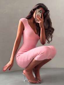 Pink Satin Midi Dress For Women, Sleeveless Fitted Elegant Sexy Ribbed Cocktail Party Dress, Spring/Summer Fashion - Pink - View 3
