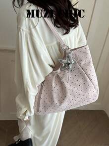 Light Pink Polka Dot Tote Bag, Silver Star Pendant Soft PU Shoulder Bag With Outer Zipper Pocket For Students Daily Campus - Pink - View 3