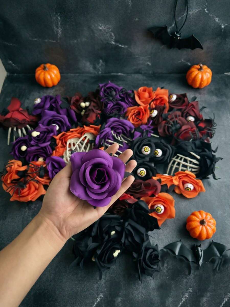 1/10/20pcs Artificial Rose Flowers, Faux Flowers, Dark Style Artificial Flower Heads, Suitable For DIY Handmade Headwear, Wedding Decoration, Window Display Atmosphere Decor Props, Halloween Photo Props - A - View 1