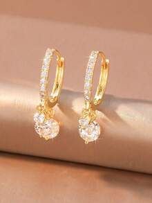 1 Pair Luxury Full Rhinestone Thin Hoop Triple Circle Single Layer Pendant Earrings, Suitable For Women's Evening, Commute And Daily Wear - Circle - View 10