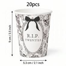 10/20/60pcs,Coquette White RIP Twenties 30th Birthday Paper Cups, Gothic Skull And Bow 9oz Disposable Paper Cups,Vintage Sketch Skull Floral Black Bow Drinking Cups For 30th Birthday, Gothic Thirty Birthday Table Supplies,Halloween Party Table Decor - Style Type B - View 8