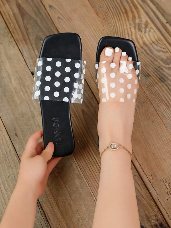 New Transparent Large Polka Dot Soft Sole Comfortable Slip-On Flat Square Toe Sandals Round Dot Fashion PU Leather Round Flat Beach Summer
