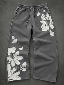 Pantalon de survêtement large pour homme Fractyr, imprimé floral marguerite vintage usé, gris foncé, taille élastique à cordon de serrage, lavé, ample, style streetwear baggy - Gris foncé - Voir 4