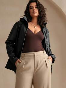 Plus Size Women's Hooded Pocket Jacket, Loose Fit, Suitable For Outdoor Activities - Black - View 5