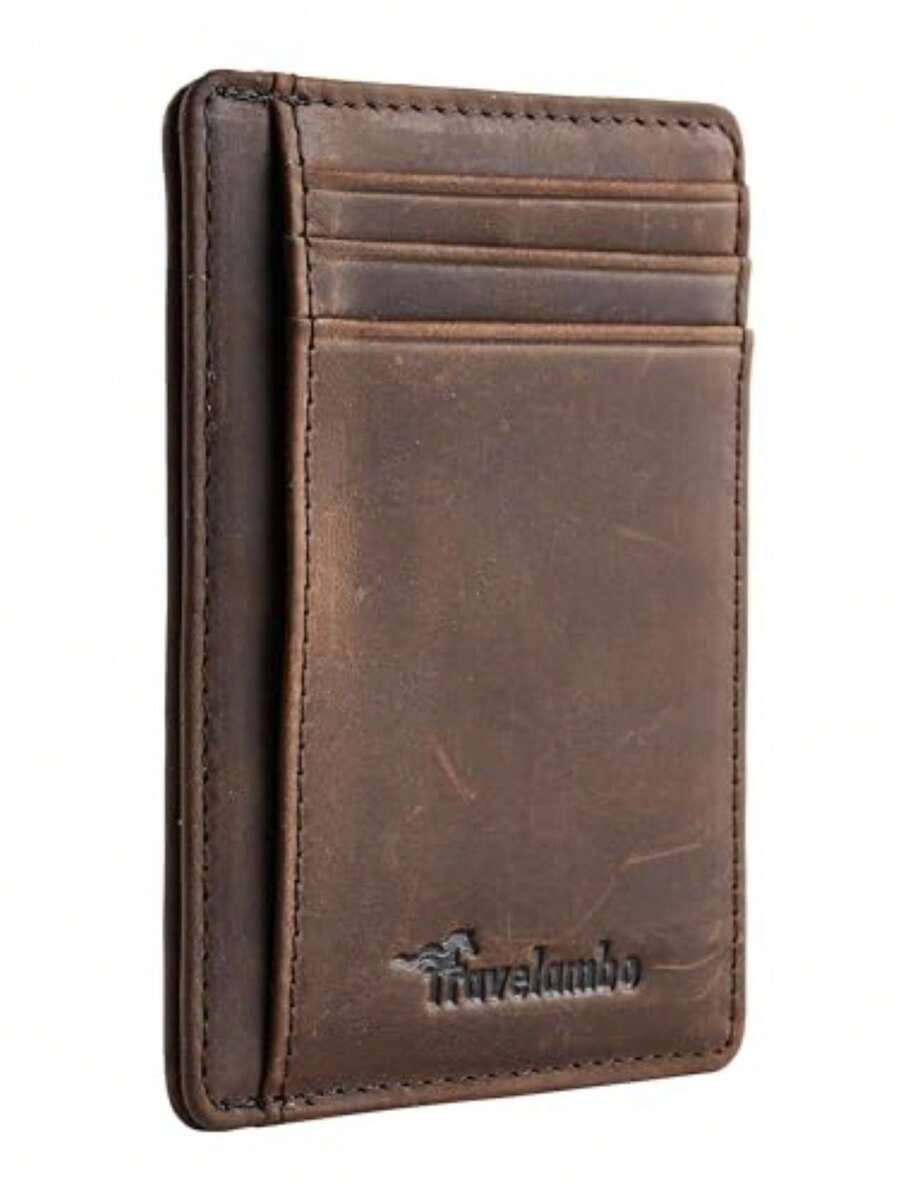 Cartera fina Travelambo con bolsillo frontal minimalista de cuero con bloqueo RFID, tamaño mediano - Cafetería CH - Ver 1