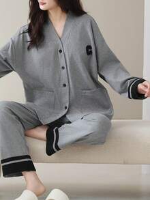 2件組女款開襟V領長袖睡衣套裝，長褲，親膚居家服，春秋款 - 淺灰色 - 查看 3
