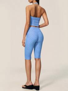 TimeOff Women's One Set Polka Dot Halter V-Neck Backless Tank Top & Bermuda Shorts Sports Set - Baby Blue - View 3
