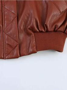 Autumn/Winter Solid Color Faux Leather Padded Shoulder Aviator Jacket - Burgundy - View 10