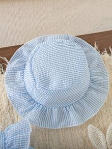 Body a rayas para bebé niña de otoño/invierno con mangas volantes y lazo grande, conjunto versátil para salir para bebés y niños pequeños, incluye sombrero para el sol, regalo de vacaciones de primavera/otoño para recién nacidos - Celeste - Ver 9