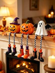 1/3 Halloween Hanging Leg Shelf Sitting Decor, Resin Witch Hat Pumpkin Ghost Bat Hanging Ornament With Hanging Rope Legs, Pumpkin Lantern Statue, Autumn Horror Table Decor, Indoor/Outdoor Halloween Party Home Desktop Decoration, Novel Halloween Gift Suitable For Friends Or Family - Hanging Leg Shelf Ornament - View 8