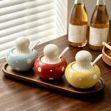 2pcs Cute Polka Dot Mushroom Ceramic Seasoning Jar Set With Lids And Spoons, Airtight Spice Storage Containers With Bamboo Tray, Dust-Proof Condiment Holder For Kitchen Countertop Cooking, Adorable Kitchen Gadget Gift For Home Cooks - View 1