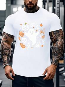 Halloween T-Shirt - Fun And Horror Bat, Pumpkin, Witch And Ghost Print - Casual Short Sleeve Crew Neck With Wrinkle Textured Top - Machine Washable - 白色 - 查看 1