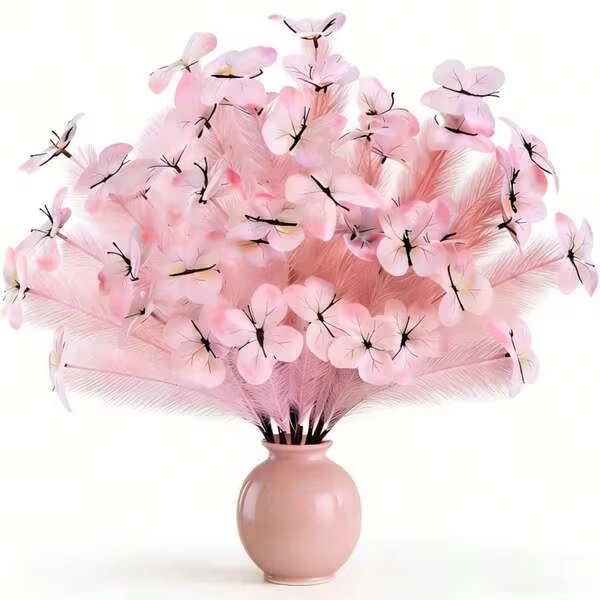 2Pcs 3D Stereo Vivid Shaped Artificial Purple Butterfly & Pampas Grass Mixed Flower Bouquet, Romantic Atmosphere Table Floral Ornament, 4-Season Indoor Outdoor Decor For Bedroom Home Anniversary Easter New Year Valentine's Day Holiday Gift
