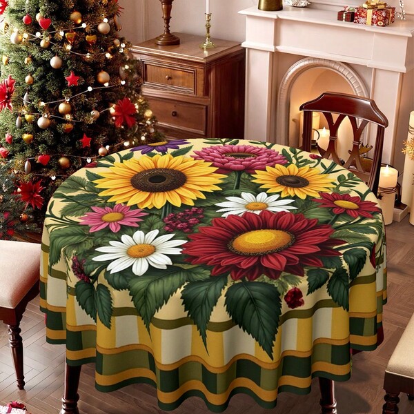 1pc Round Tablecloth, Floral Theme, Perfect Choice For Home Decor, Dining And Coffee Table. It Is Known For Its Vibrant Arrangement Of Sunflowers, Daisies And Various Colorful Flowers.
