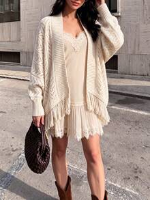 Women's Apricot Knit Cardigan, Open Front Sweater With Delicate Openwork Lace Pattern, Fringe Hem And Ribbed Cuffs, Suitable For Tea Parties - Apricot - View 7