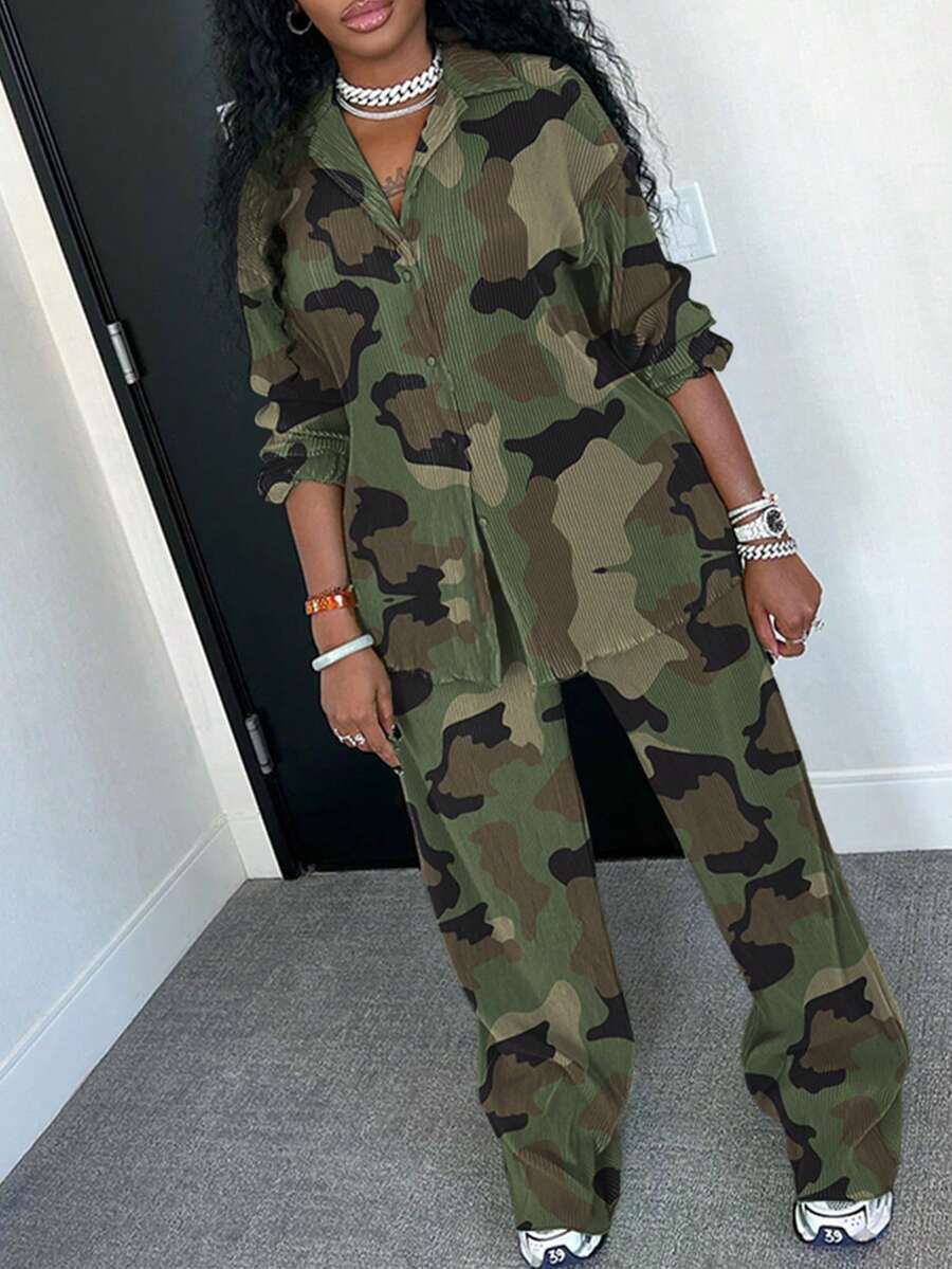 2pcs Women's Casual Printed Pleated Shirt & Wide Leg Pants Set Spring Elegant - Camouflage Green - View 1