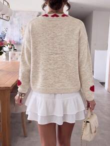 Women's Knitted Lace-Up V-Neck Cardigan, Decorated With Red Heart Pattern, Long Sleeve Design, Perfect Choice For Autumn Outfit. - Apricot - View 7