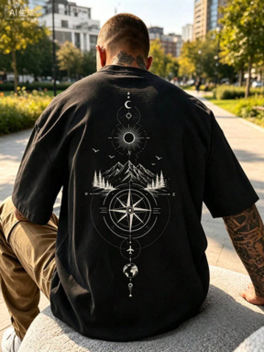 Men's Oversized Printed Short-Sleeve Drop-Shoulder Shirt T Summer Shirts For Men T T-Shirt Gift Summer Top - 黑色2 - 查看 1